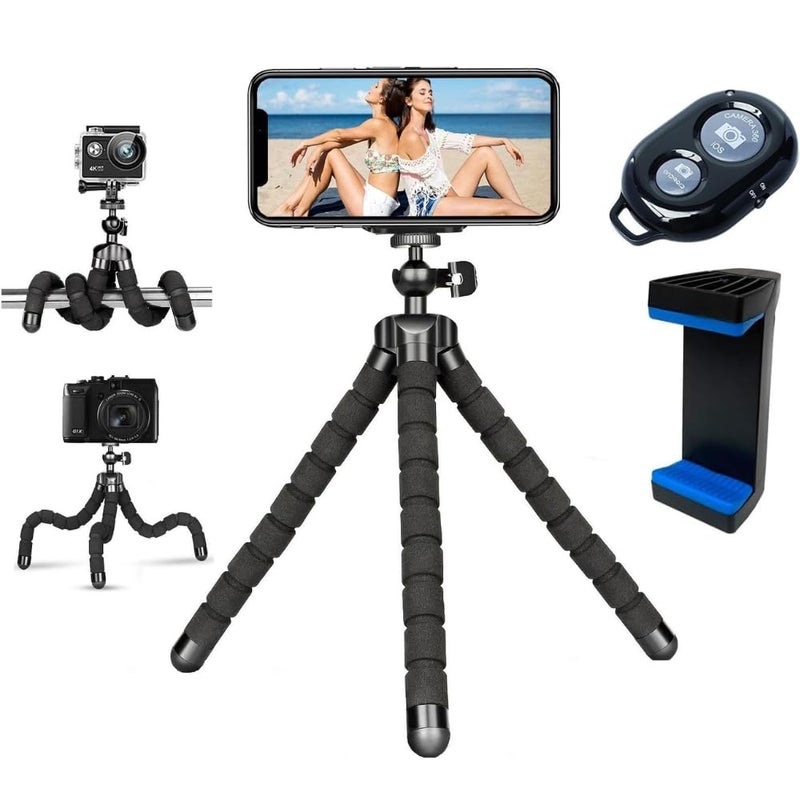 Acuvar Flexible Phone Tripod for iPhone and Android with Wireless Remote and Clip Portable Small Tripod Stand for Video Recording Vlogging Selfies Live Streaming Photography Black - Image 1